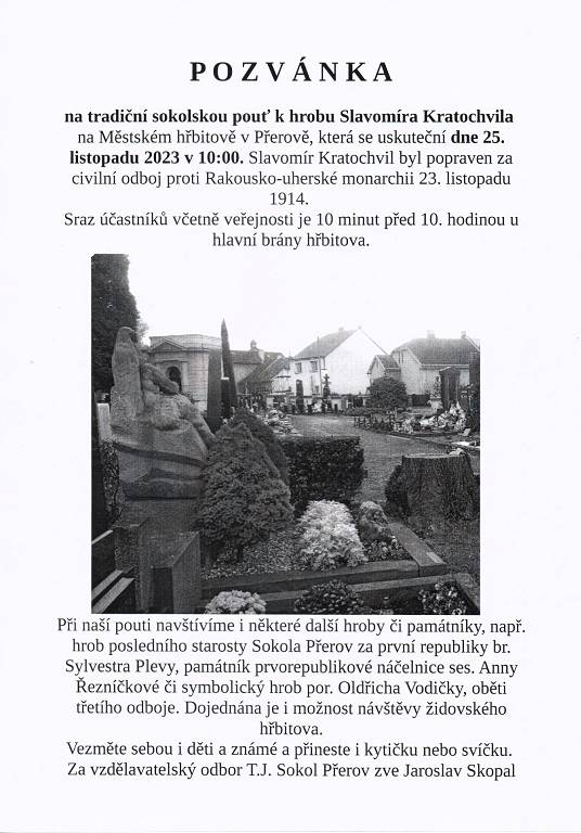 Pozvánka na tradiční sokolskou pouť k hrobu Slavomíra Kratochvíla